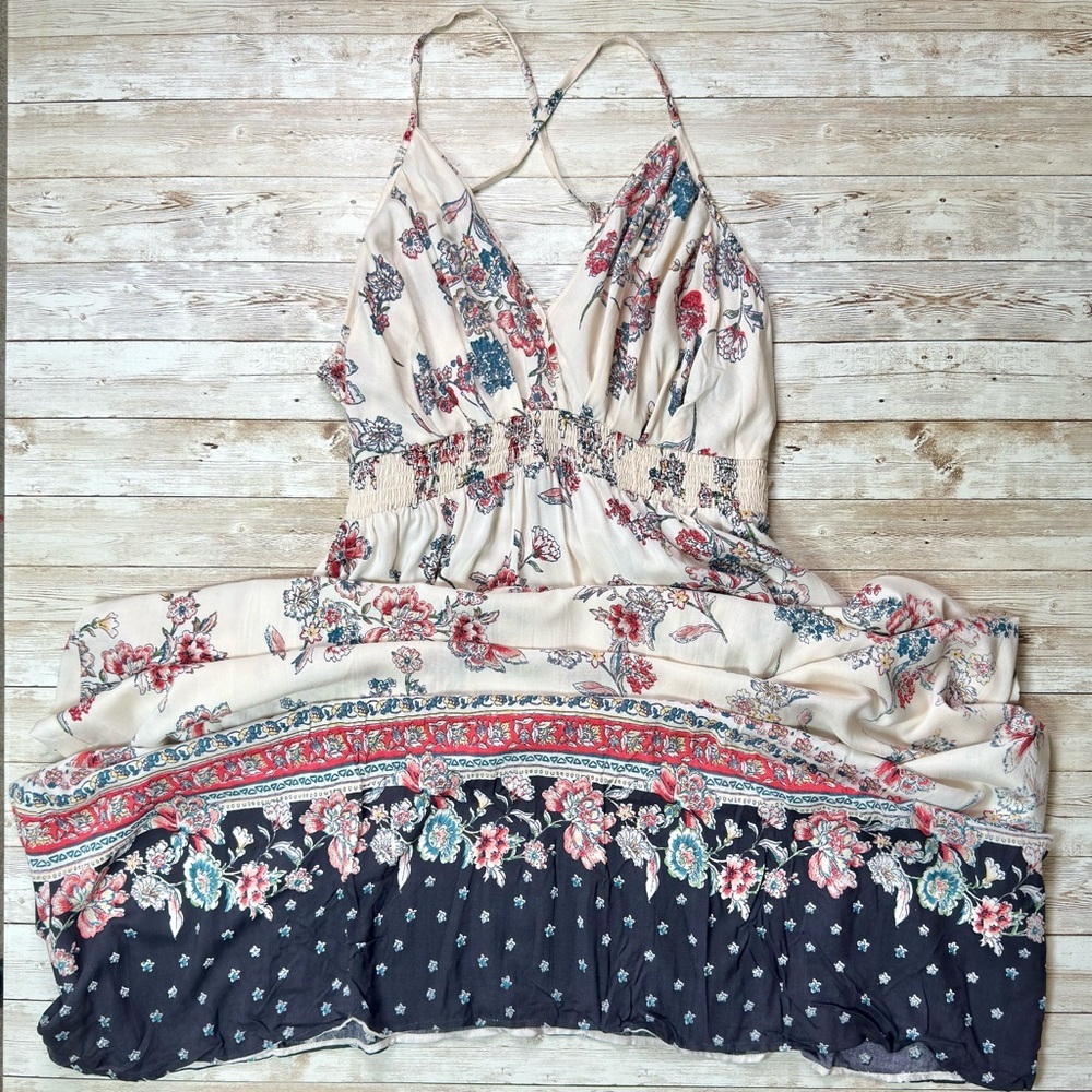 Romantic Gypsy Floral Maxi Dress Size Large in Cream Flowy Boho - Picture 3 of 10